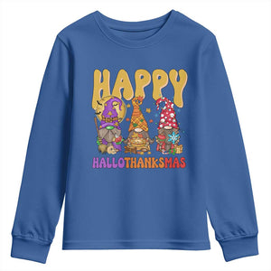 Happy HalloThanksMas Gnomes Youth Sweatshirt Halloween Thanksgiving Christmas TS02 Royal Blue Print Your Wear