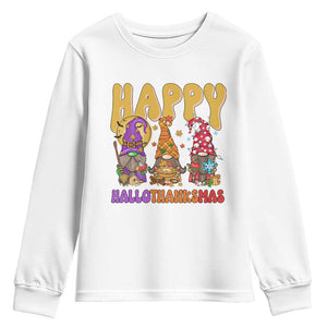 Happy HalloThanksMas Gnomes Youth Sweatshirt Halloween Thanksgiving Christmas TS02 White Print Your Wear