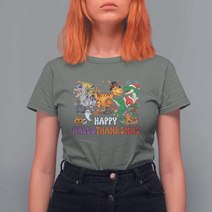 HalloThanksMas Dinosaur T Shirt For Women Halloween Thanksgiving Christmas TS02 Military Green Print Your Wear