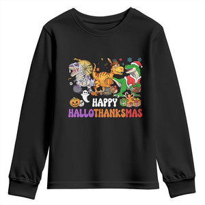 Happy HalloThanksMas Dinosaur Youth Sweatshirt Halloween Thanksgiving Christmas TS02 Black Print Your Wear