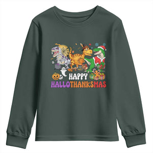 Happy HalloThanksMas Dinosaur Youth Sweatshirt Halloween Thanksgiving Christmas TS02 Dark Forest Green Print Your Wear
