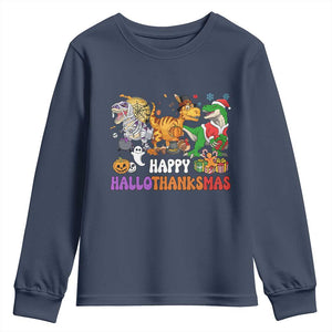 Happy HalloThanksMas Dinosaur Youth Sweatshirt Halloween Thanksgiving Christmas TS02 Navy Print Your Wear