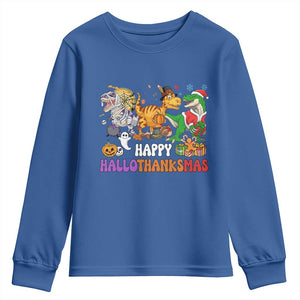 Happy HalloThanksMas Dinosaur Youth Sweatshirt Halloween Thanksgiving Christmas TS02 Royal Blue Print Your Wear