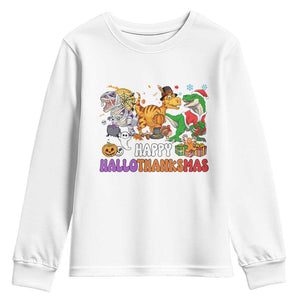 Happy HalloThanksMas Dinosaur Youth Sweatshirt Halloween Thanksgiving Christmas TS02 White Print Your Wear