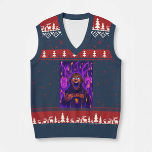 Mason 67 Meme Graphic V-Neck Knit Sweater Vest Glowing Eyes Devil Edit 6 7 Viral Six Seven Scream TS02 Navy Red Print Your Wear