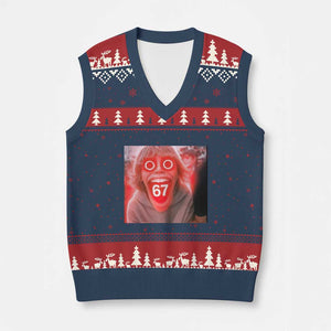 67 Mason Kid Glitchcore Graphic V-Neck Knit Sweater Vest Screaming Boy Six Seven Viral Meme Devil Edit TS02 Navy Red Print Your Wear