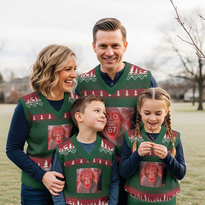 67 Mason Kid Glitchcore Graphic V-Neck Knit Sweater Vest Screaming Boy Six Seven Viral Meme Devil Edit TS02 Red Green Print Your Wear