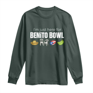 I'm Just Here for the Benito Bowl Funny Puerto Rican Game Day Long Sleeve Shirt Plantains Chairs and Flag Music Fans TS02 Dark Forest Green Print Your Wear