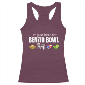 I'm Just Here for the Benito Bowl Funny Puerto Rican Game Day Racerback Tank Top Plantains Chairs and Flag Music Fans TS02 Maroon Print Your Wear