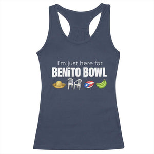 I'm Just Here for the Benito Bowl Funny Puerto Rican Game Day Racerback Tank Top Plantains Chairs and Flag Music Fans TS02 Navy Print Your Wear