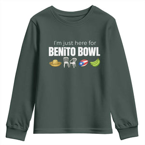 I'm Just Here for the Benito Bowl Funny Puerto Rican Game Day Youth Sweatshirt Plantains Chairs and Flag Music Fans TS02 Dark Forest Green Print Your Wear