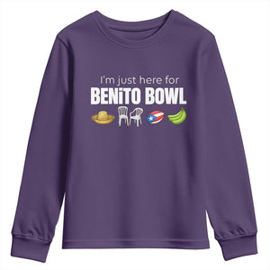 I'm Just Here for the Benito Bowl Funny Puerto Rican Game Day Youth Sweatshirt Plantains Chairs and Flag Music Fans TS02 Purple Print Your Wear