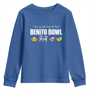 I'm Just Here for the Benito Bowl Funny Puerto Rican Game Day Youth Sweatshirt Plantains Chairs and Flag Music Fans TS02 Royal Blue Print Your Wear