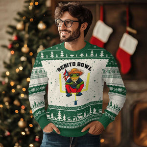 Benito Bowl Coquí Frog Football Ugly Christmas Sweater Funny Puerto Rico Flag Game Day Music Fans TS02 Beige Green Print Your Wear