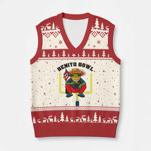 Benito Bowl Coquí Frog Football V-Neck Knit Sweater Vest Funny Puerto Rico Flag Game Day Music Fans TS02 Beige Red Print Your Wear