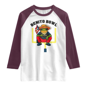 Benito Bowl Coquí Frog Football Raglan Shirt Funny Puerto Rico Flag Game Day Music Fans TS02 White Maroon Print Your Wear
