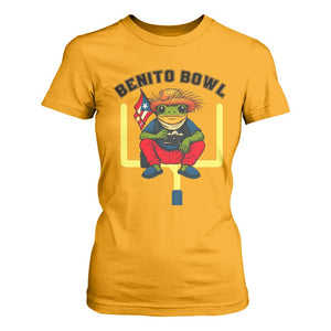 Benito Bowl Coquí Frog Football T Shirt For Women Funny Puerto Rico Flag Game Day Music Fans TS02 Gold Print Your Wear