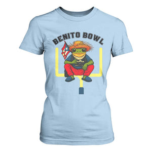 Benito Bowl Coquí Frog Football T Shirt For Women Funny Puerto Rico Flag Game Day Music Fans TS02 Light Blue Print Your Wear
