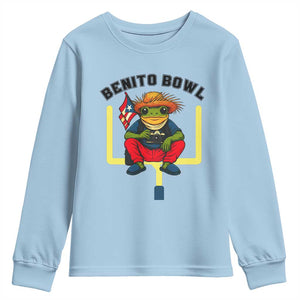 Benito Bowl Coquí Frog Football Youth Sweatshirt Funny Puerto Rico Flag Game Day Music Fans TS02 Light Blue Print Your Wear