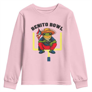 Benito Bowl Coquí Frog Football Youth Sweatshirt Funny Puerto Rico Flag Game Day Music Fans TS02 Light Pink Print Your Wear