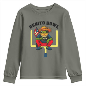 Benito Bowl Coquí Frog Football Youth Sweatshirt Funny Puerto Rico Flag Game Day Music Fans TS02 Military Green Print Your Wear