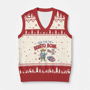 Here for the Benito Bowl 2026 Coquí Frog V-Neck Knit Sweater Vest Puerto Rican Funny Football Music Fans TS02 Beige Red Print Your Wear