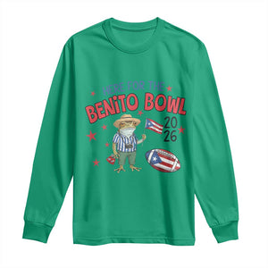 Here for the Benito Bowl 2026 Coquí Frog Long Sleeve Shirt Puerto Rican Funny Football Music Fans TS02 Irish Green Print Your Wear