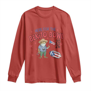 Here for the Benito Bowl 2026 Coquí Frog Long Sleeve Shirt Puerto Rican Funny Football Music Fans TS02 Red Print Your Wear
