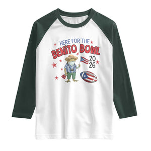 Here for the Benito Bowl 2026 Coquí Frog Raglan Shirt Puerto Rican Funny Football Music Fans TS02 White Dark Forest Green Print Your Wear