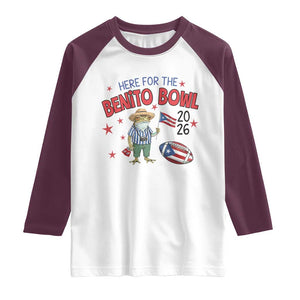 Here for the Benito Bowl 2026 Coquí Frog Raglan Shirt Puerto Rican Funny Football Music Fans TS02 White Maroon Print Your Wear