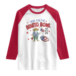 Here for the Benito Bowl 2026 Coquí Frog Raglan Shirt Puerto Rican Funny Football Music Fans TS02 White Red Print Your Wear