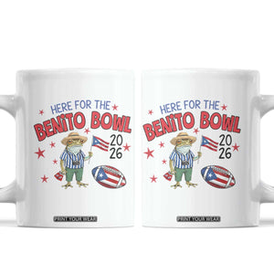 Here for the Benito Bowl 2026 Coquí Frog Coffee Mug Puerto Rican Funny Football Music Fans TS02 White Print Your Wear