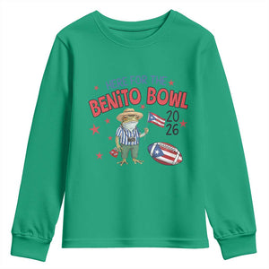 Here for the Benito Bowl 2026 Coquí Frog Youth Sweatshirt Puerto Rican Funny Football Music Fans TS02 Irish Green Print Your Wear