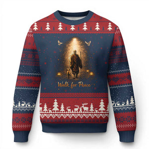 Walk for Peace Lantern Path Ugly Christmas Sweater Monk and Aloka the Dog Spiritual Journey TS02 Navy Red Print Your Wear