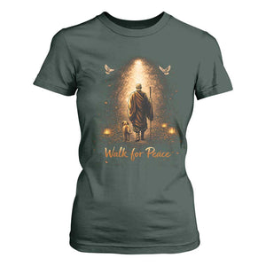 Walk for Peace Lantern Path T Shirt For Women Monk and Aloka the Dog Spiritual Journey TS02 Dark Forest Green Print Your Wear