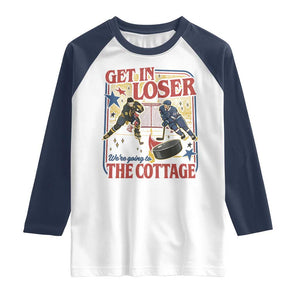 Get In Loser We’re Going To The Cottage Raglan Shirt Hockey Romance LGBT Retro Summer Road Trip TS02 White Navy Print Your Wear