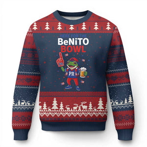 Funny Benito Bowl Puerto Rican Football Ugly Christmas Sweater Coquí Frog Music Fan with Beer and Foam Finger TS02 Navy Red Print Your Wear