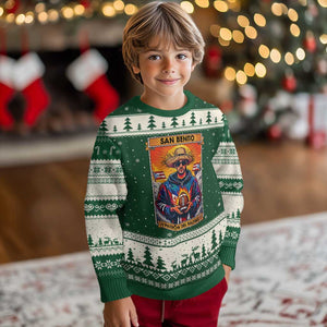 Funny San Benito Patron del Halftime Ugly Christmas Sweater Bowl 2026 Puerto Rican Football Music Fan TS02 Forest Green Beige Print Your Wear