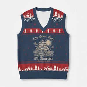 The Great Gulf Of USA V-Neck Knit Sweater Vest Established in 2025 TS02 Navy Red Print Your Wear