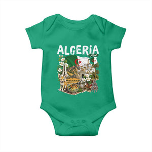 Algeria Algerian Culture and Landmarks Collage Graphic Baby Onesie Proud Fennec Fox Heritage and Arabic Calligraphy