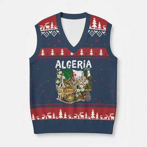 Algeria Algerian Culture and Landmarks Collage Graphic V-Neck Knit Sweater Vest Proud Fennec Fox Heritage and Arabic Calligraphy