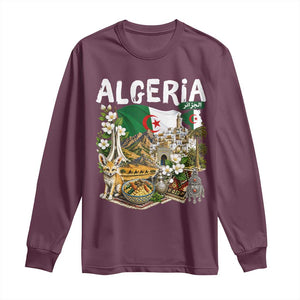 Algeria Algerian Culture and Landmarks Collage Graphic Long Sleeve Shirt Proud Fennec Fox Heritage and Arabic Calligraphy