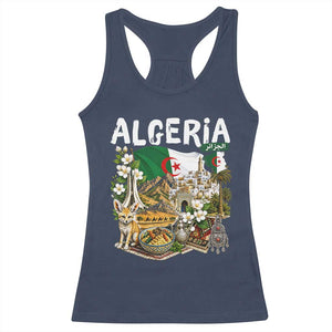 Algeria Algerian Culture and Landmarks Collage Graphic Racerback Tank Top Proud Fennec Fox Heritage and Arabic Calligraphy