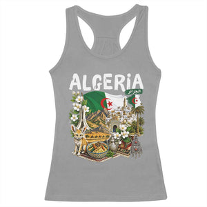 Algeria Algerian Culture and Landmarks Collage Graphic Racerback Tank Top Proud Fennec Fox Heritage and Arabic Calligraphy