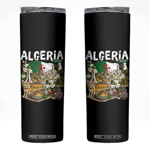 Algeria Algerian Culture and Landmarks Collage Graphic Skinny Tumbler Proud Fennec Fox Heritage and Arabic Calligraphy TS02 Black Print Your Wear