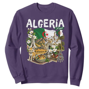 Algeria Algerian Culture and Landmarks Collage Graphic Sweatshirt Proud Fennec Fox Heritage and Arabic Calligraphy