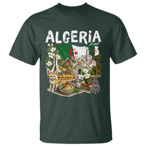 Algeria Algerian Culture and Landmarks Collage Graphic T Shirt Proud Fennec Fox Heritage and Arabic Calligraphy
