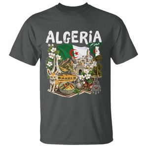 Algeria Algerian Culture and Landmarks Collage Graphic T Shirt Proud Fennec Fox Heritage and Arabic Calligraphy