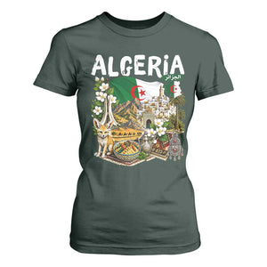 Algeria Algerian Culture and Landmarks Collage Graphic T Shirt For Women Proud Fennec Fox Heritage and Arabic Calligraphy