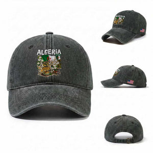 Algeria Algerian Culture and Landmarks Collage Graphic Washed Cotton Baseball Cap Proud Fennec Fox Heritage and Arabic Calligraphy